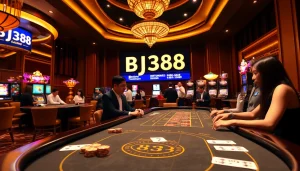 Engaging BJ388 casino scene with players at a luxurious table, showcasing poker chips and cards.