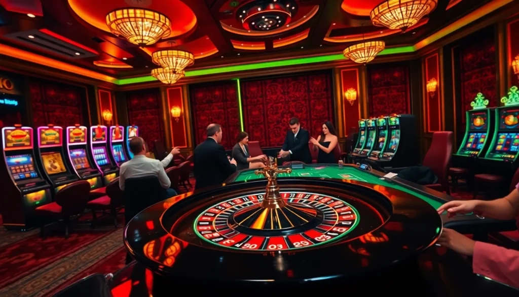 Luck8 players enjoying a thrilling casino experience with roulette, cards, and chips.