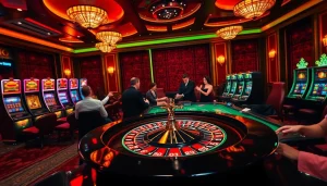 Luck8 players enjoying a thrilling casino experience with roulette, cards, and chips.