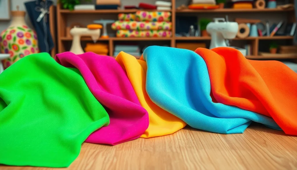 Bekijk kleurrijke stretch katoen stalen op een tafel met naaiaccessoires en gereedschap.