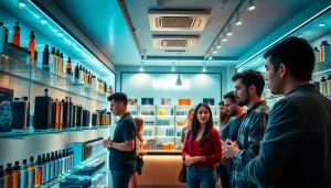 Explore the trendy interior of a vape shop featuring PECAH837 devices and diverse customers.