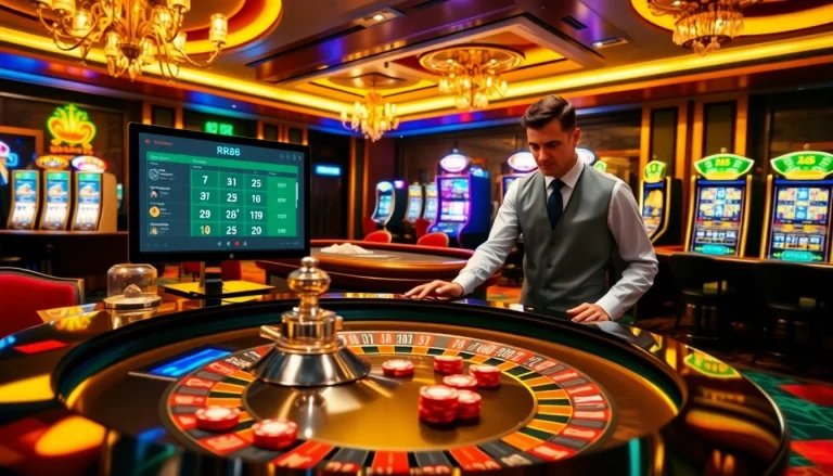 Experience the thrill of RR88 as players engage at a vibrant roulette table in a luxurious casino.