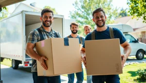 Moving Company workers skillfully handle moving boxes during a sunny day.