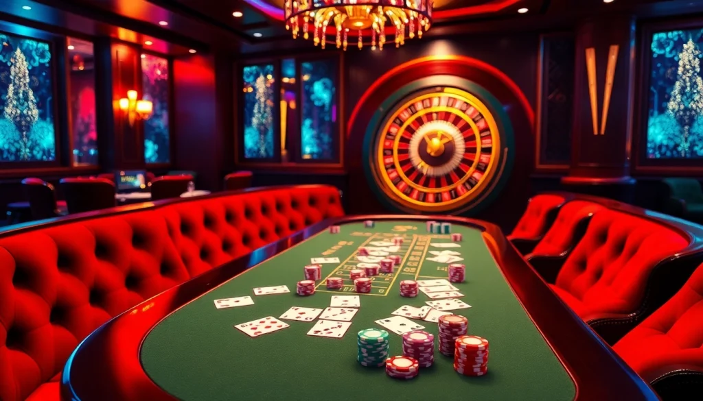 A dynamic casino scene showcasing a high-stakes poker game and roulette wheel at 789bet, reflecting luxury and excitement.