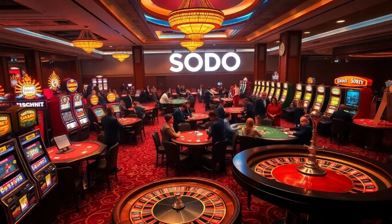 SODO casino scene with lively gamblers at poker and roulette tables, showcasing excitement in gaming.