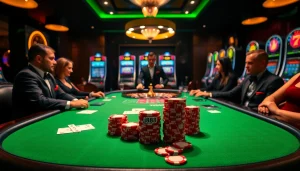 Experience the thrill of winning at the j88 poker table surrounded by luxurious casino elements.