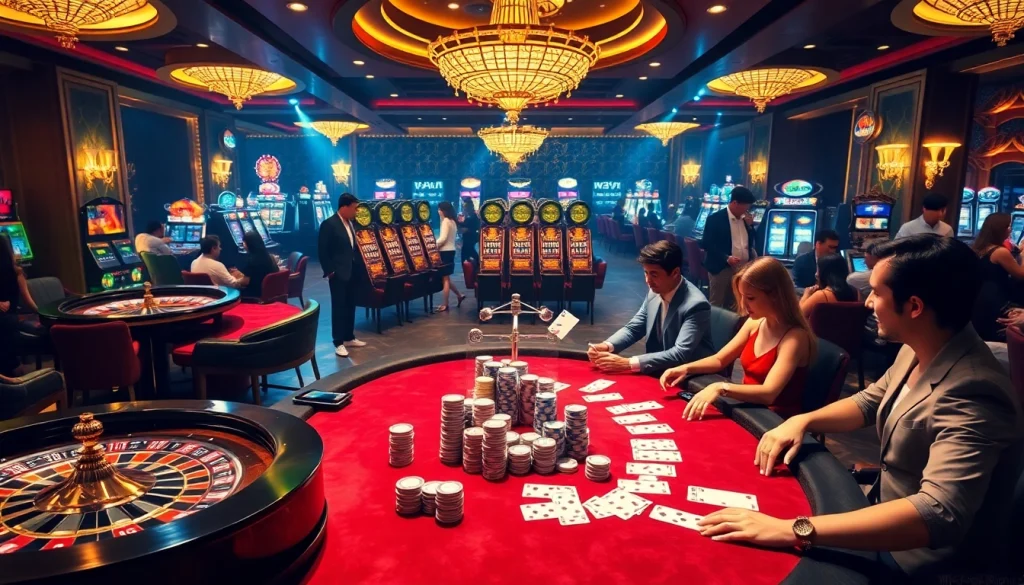 Engaged players enjoying a thrilling game at Nhà cái Kuwin casino, with vibrant tables and spinning roulette for an immersive experience.