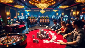 Engaged players enjoying a thrilling game at Nhà cái Kuwin casino, with vibrant tables and spinning roulette for an immersive experience.