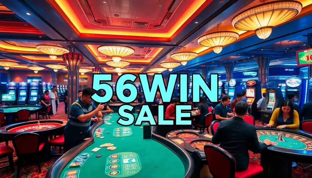 Experience the excitement of the 56WIN SALE at a luxurious casino with vibrant gaming and décor.