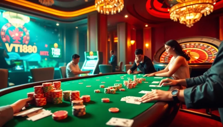 Experience the excitement of gambling at https://tx88.link/ with players at a poker table and a vibrant casino setting.