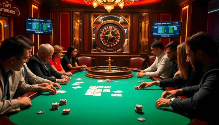 A thrilling j888 poker game in a luxurious casino setting, showcasing players and vibrant gaming elements.