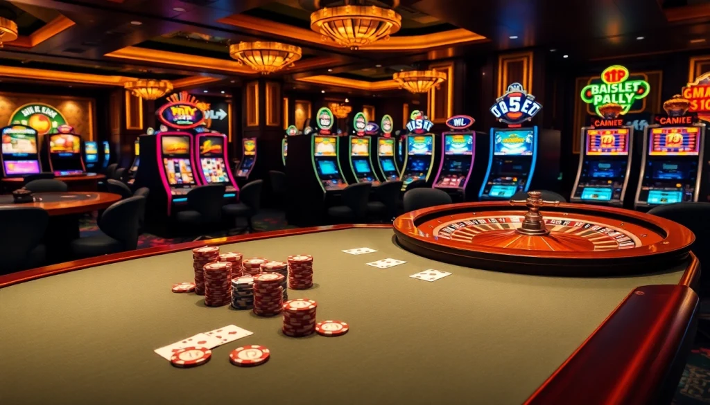 Capture the excitement of professional gambling with a luxurious poker setup at https://www.6l777.vip/ showcasing vibrant slot machines and a spinning roulette wheel.