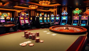 Capture the excitement of professional gambling with a luxurious poker setup at https://www.6l777.vip/ showcasing vibrant slot machines and a spinning roulette wheel.