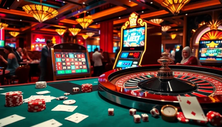 Players enjoying thrilling games at i5bet's online casino with poker chips and roulette wheel.