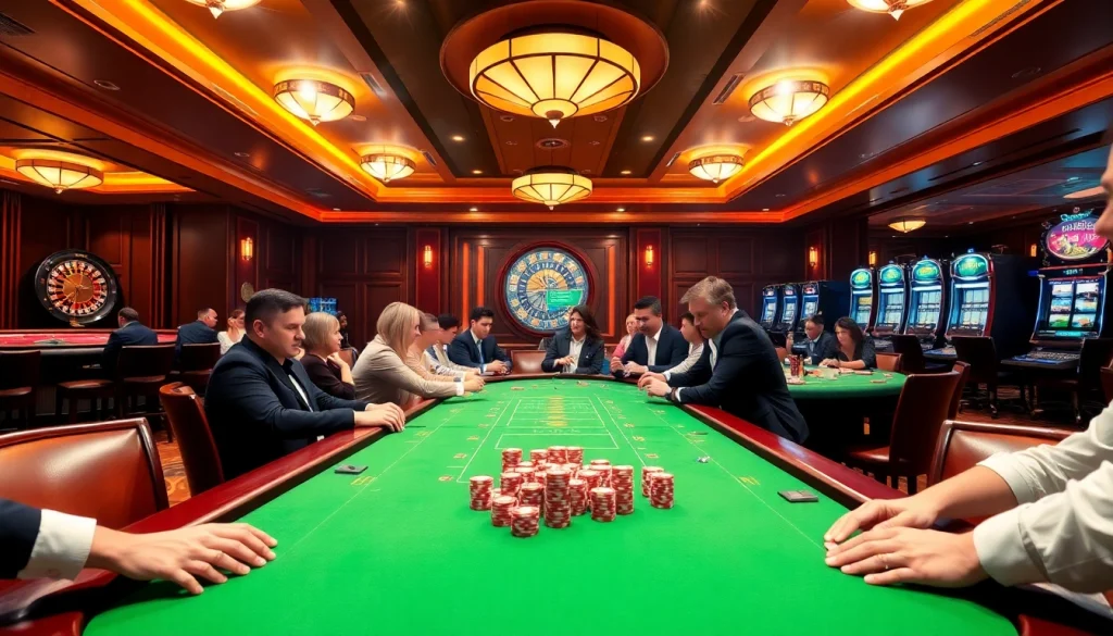 Engaged players at a 7upbet poker table in an elegant casino setting.