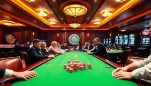 Engaged players at a 7upbet poker table in an elegant casino setting.