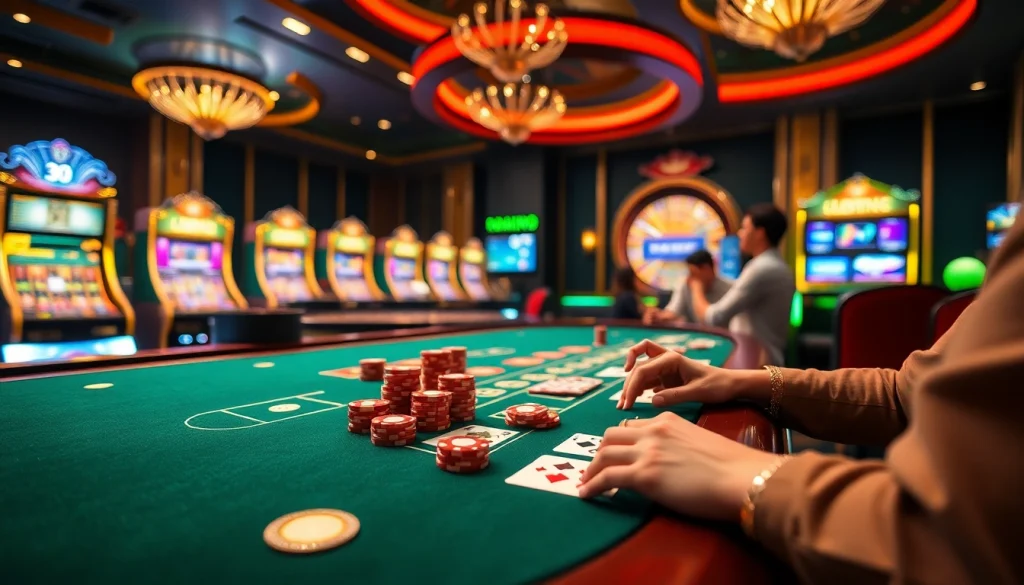 Players enjoy a heated game at the go88 poker table, surrounded by vibrant casino elements.