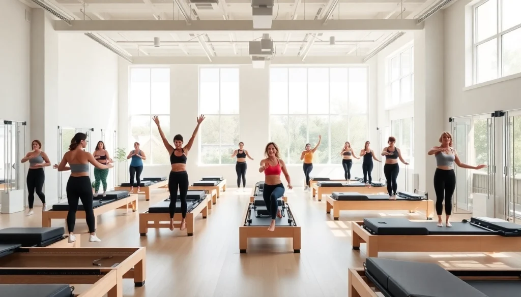 現代的で居心地の良い雰囲気の中、さまざまな参加者がトレーニングに取り組む推奨のマシンピラティススタジオ。