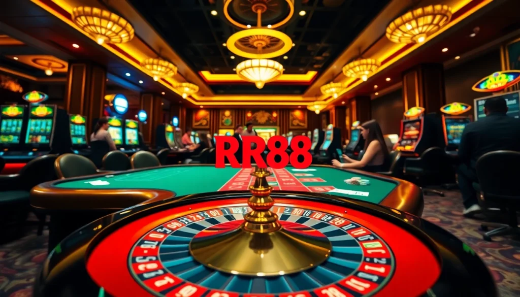 RR88 casino scene with vibrant roulette wheel and excited players at poker table.