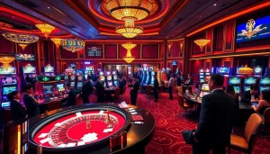 Engaged players at a luxurious casino, experiencing the excitement of https://99ok.co.im/ with roulette and slots.