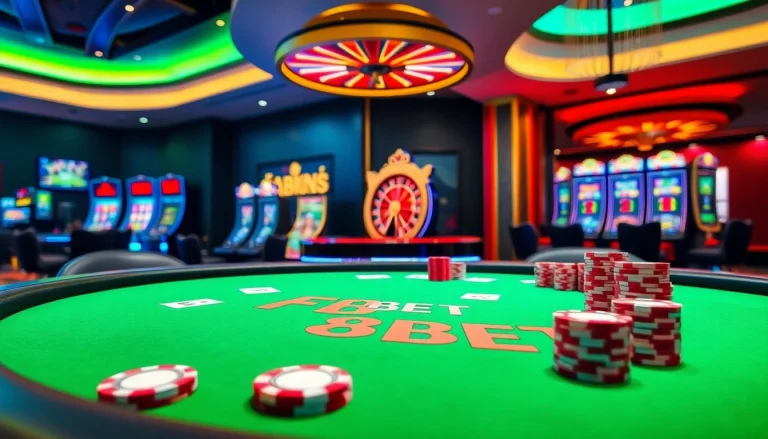 Engaged players enjoying poker at a luxurious F8BET casino table with vibrant chips and cards.