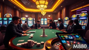 Experience excitement at trang chủ mm88 with a luxurious casino scene showcasing thrilling games and vibrant slot machines.