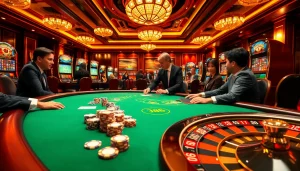 Engaging players at the J88 poker table surrounded by vibrant casino lights.