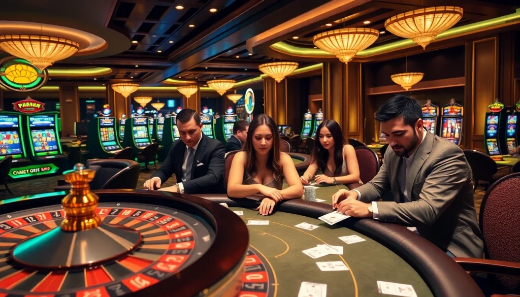 Experience the thrill of rr88 kjc at a vibrant casino, featuring roulette, poker tables, and players immersed in gaming.