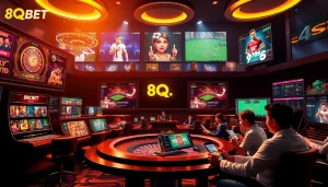 Experience online gaming at 8qbet with dynamic casino visuals showcasing slots and live betting options.