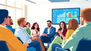 Engaged professionals discussing das 142 in a modern conference room setting.