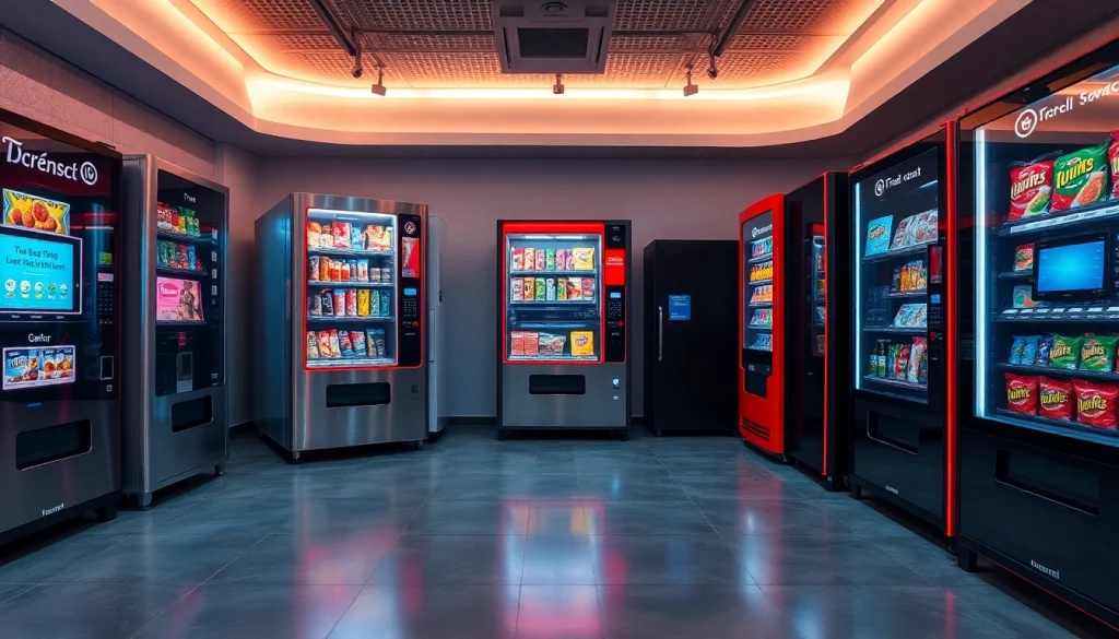 Innovative snack machine manufacturers showcasing advanced vending technology in a modern showroom.