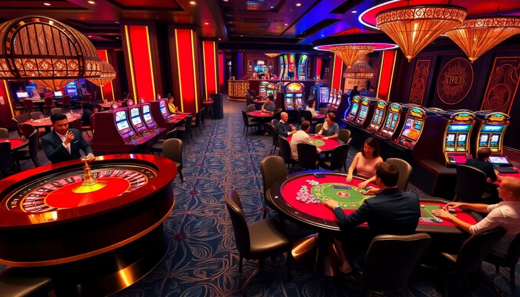 SODO Casino features an exciting gaming atmosphere with players engaging at tables and flashing slot machines.