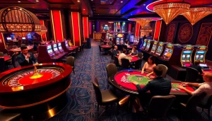 SODO Casino features an exciting gaming atmosphere with players engaging at tables and flashing slot machines.