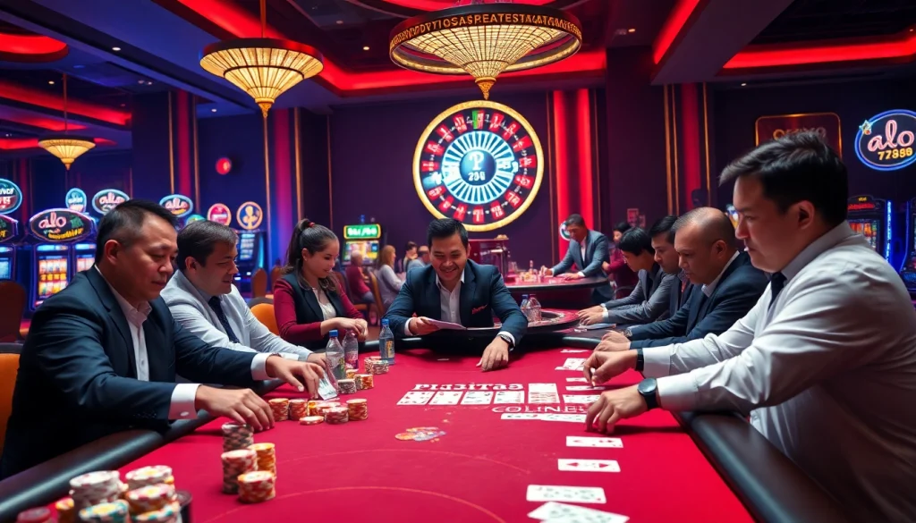 A thrilling poker game at alo 789 casino with intense players, colorful chips, and elegant atmosphere.