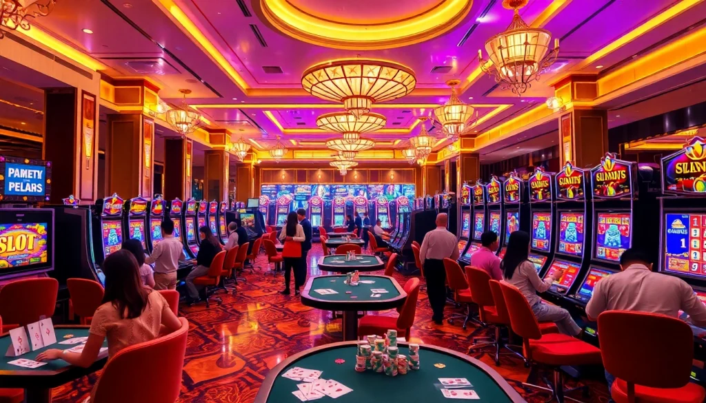 Pemain yang menikmati mesin slot deposit pulsa di lingkungan kasino mewah.