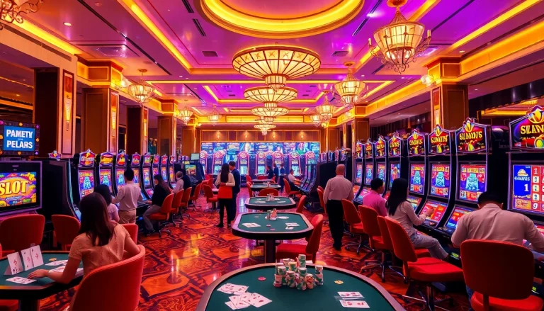 Pemain yang menikmati mesin slot deposit pulsa di lingkungan kasino mewah.