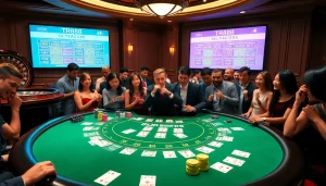 Players engaging at a luxury blackjack table in a vibrant casino setting featuring TR88 elements.