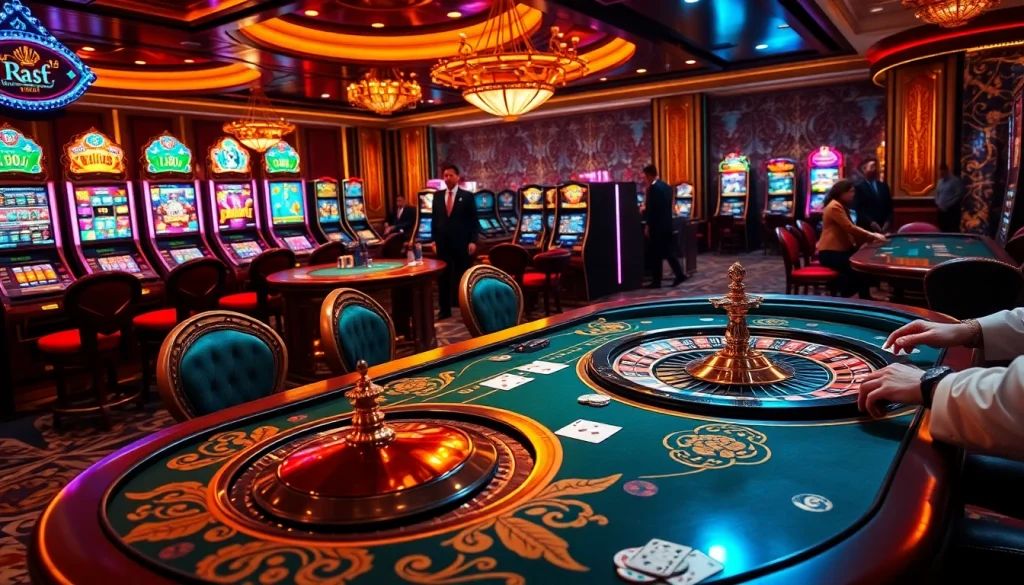 A thrilling scene showcasing the excitement of Trang chủ Vuabai9 with players at a vibrant casino poker table and sparkling chips.