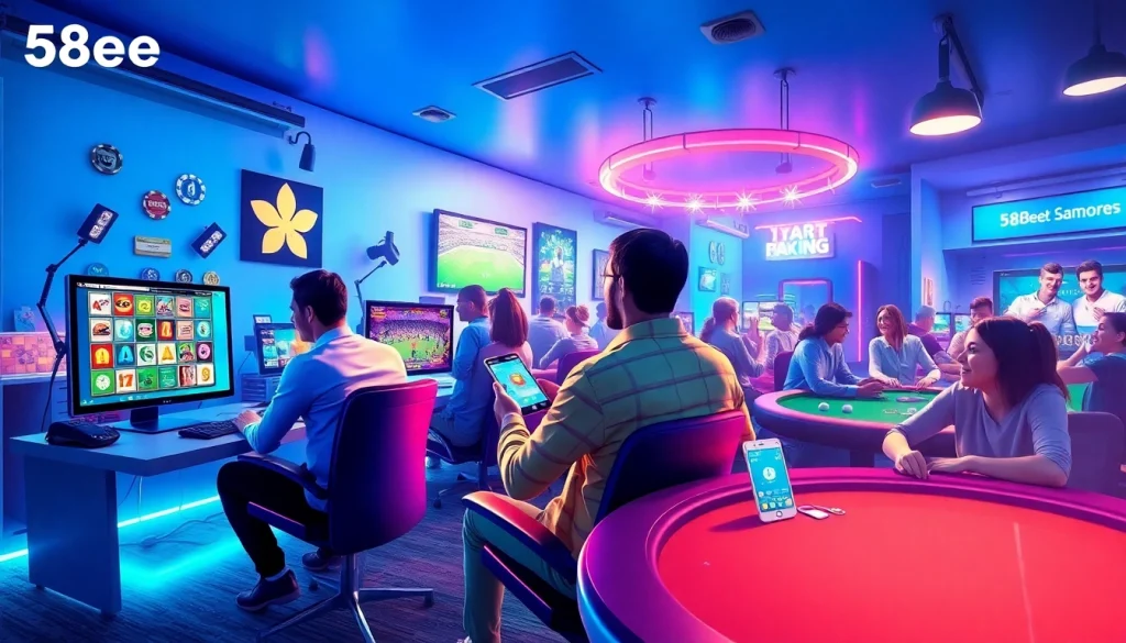 Exciting gaming experience on 58ee with players enjoying slots, sports betting, and poker online.