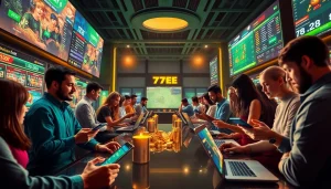 Engaging people using the 77EE online betting platform, showcasing a vibrant casino and sports betting experience.