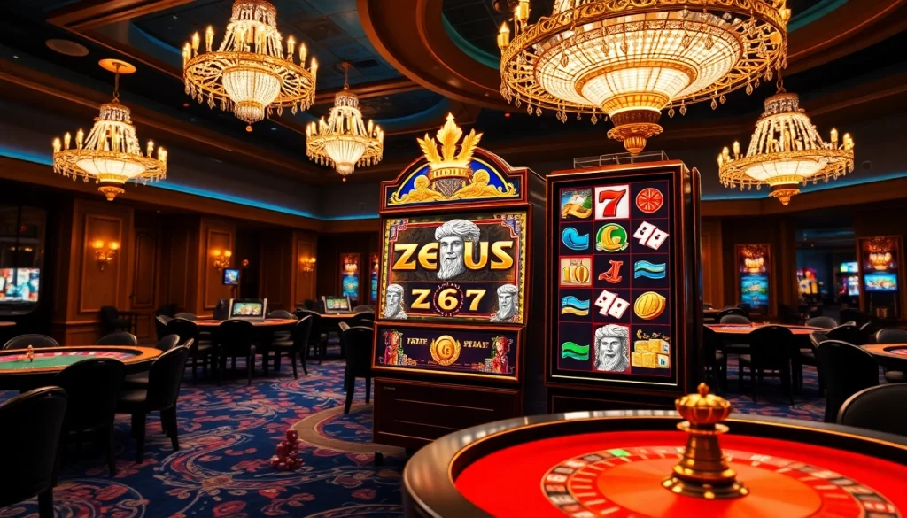 Engaging players at the Zeus slot machine surrounded by luxurious casino elements.