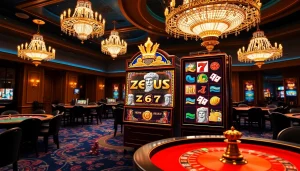 Engaging players at the Zeus slot machine surrounded by luxurious casino elements.