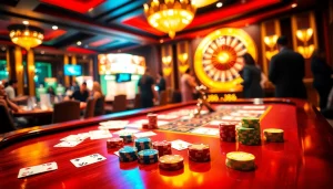 Players experience excitement at the luxurious j88 gaming table filled with cards and chips.