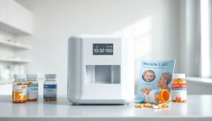 Automatic pill dispenser in a modern healthcare setting showcasing digital interface and medicine organization.