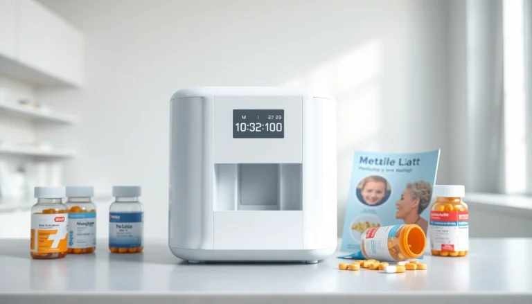 Automatic pill dispenser in a modern healthcare setting showcasing digital interface and medicine organization.