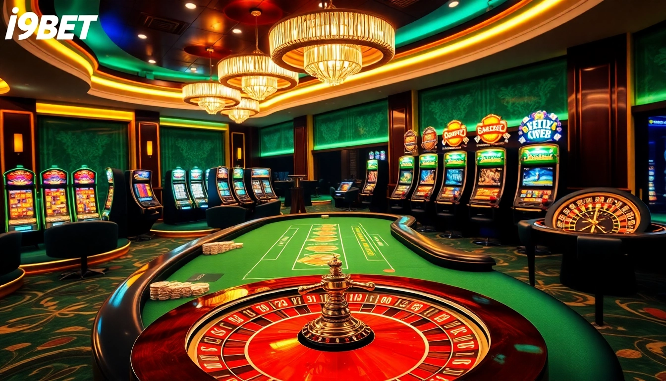 I9BET com featuring an inviting casino ambiance with players enjoying poker and slot machines under vibrant lighting.