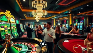 Join the excitement at https://f8bet.ventures/ with players engaged at a vibrant casino scene featuring roulette and slots.