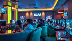 Engaging players enjoying the TR88 online casino experience in a vibrant gaming lounge setting.
