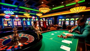 SODO casino scene featuring players at a roulette wheel and poker table, highlighting excitement and strategy in gambling.