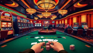 Experience the thrilling ambiance of a top club casino with poker tables and slot machines.